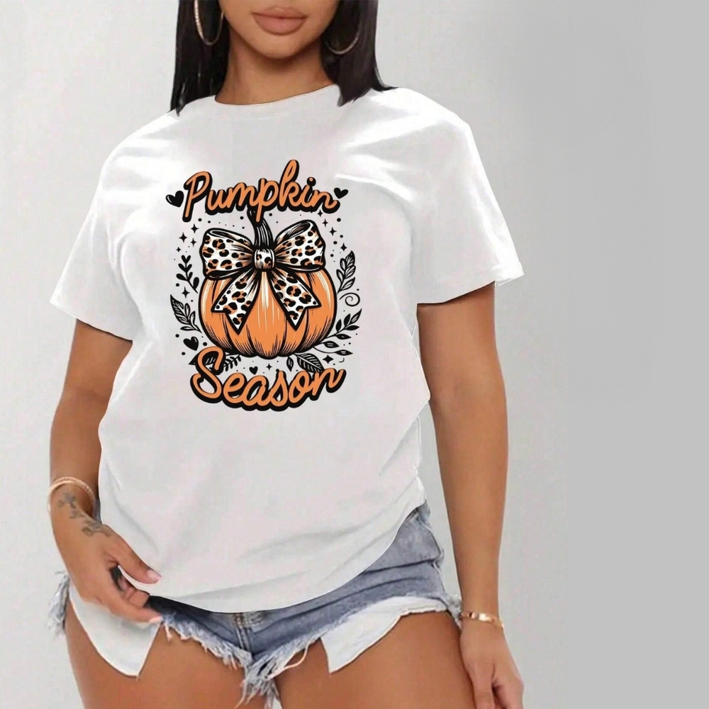 NEW Pumpkin Season Leopard Bow Autumn Fall Halloween Thanksgiving T-Shirt XL